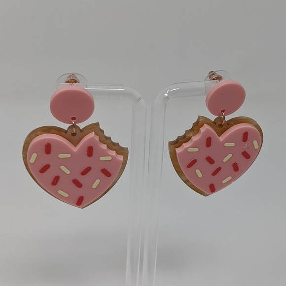 Valentine's Day Pink Cookie with Bite Taken Out Acrylic Drop Earrings - Picture 5 of 6
